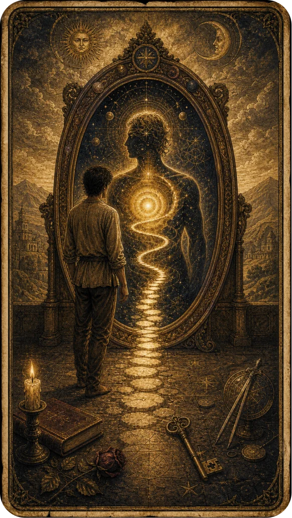 Pessoa diante de um espelho com uma figura de luz — o caminho de volta a si mesmo