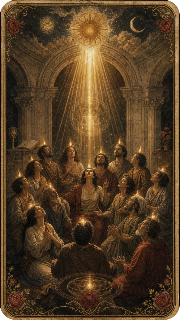 Assembleia mística iluminada por uma luz divina — curas e prodígios ao longo da história